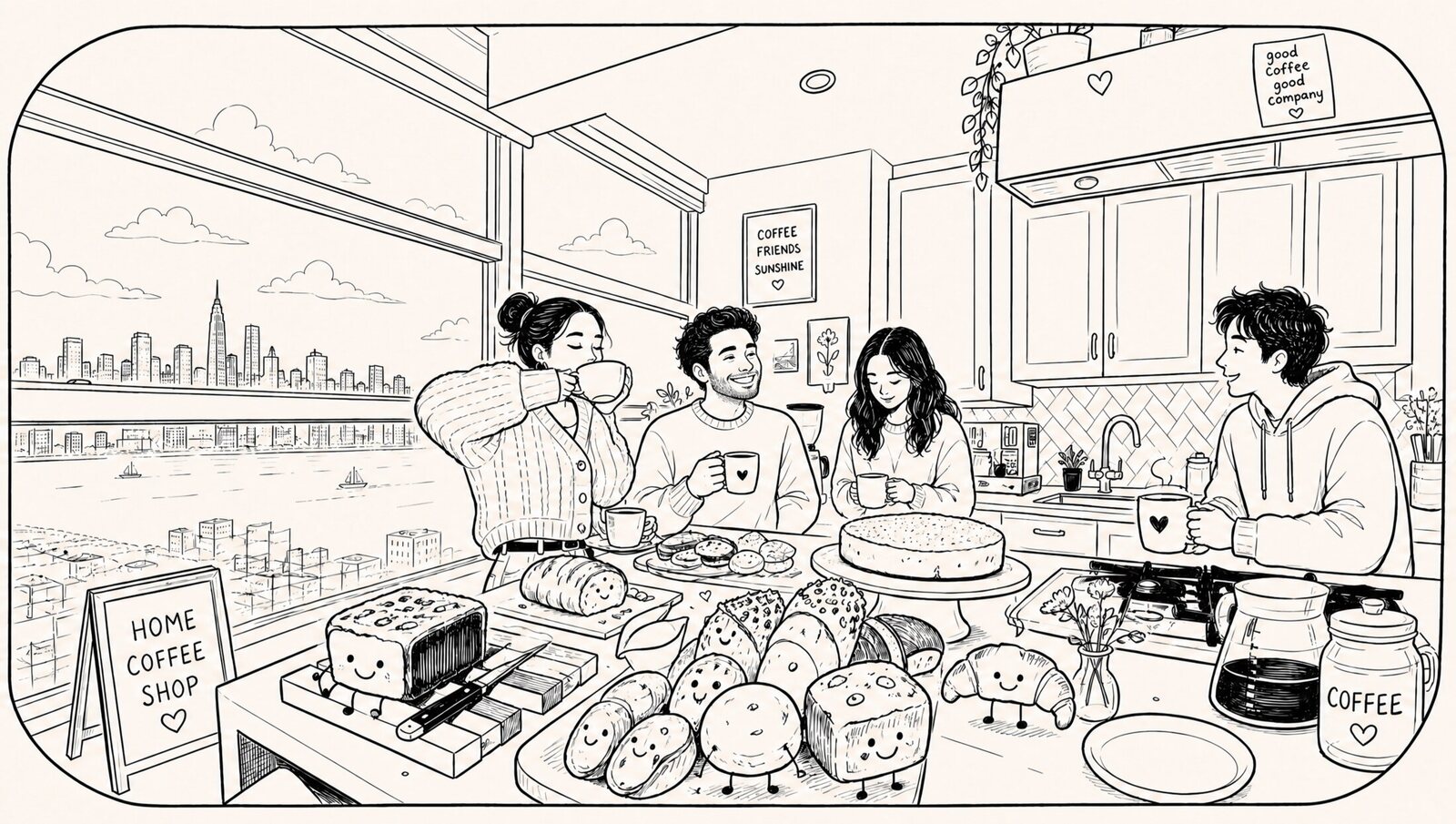 Hand-drawn line illustration of the Coffee Club apartment café: a counter spread of smiling pastries, friends with mugs, and the Manhattan skyline through the windows.